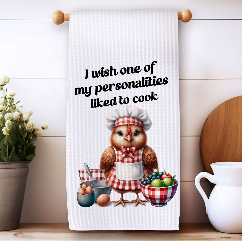 Rustic farmhouse kitchen towel featuring a cute chicken in a chef outfit with a funny cooking quote. Made from absorbent microfiber waffle weave, perfect for drying dishes and adding country charm to any kitchen decor. Great gift for farmhouse lovers - Personalized Kreation