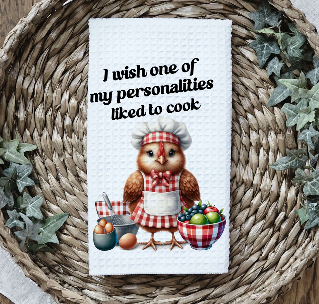 Rustic farmhouse kitchen towel featuring a cute chicken in a chef outfit with a funny cooking quote. Made from absorbent microfiber waffle weave, perfect for drying dishes and adding country charm to any kitchen decor. Great gift for farmhouse lovers - Personalized Kreation