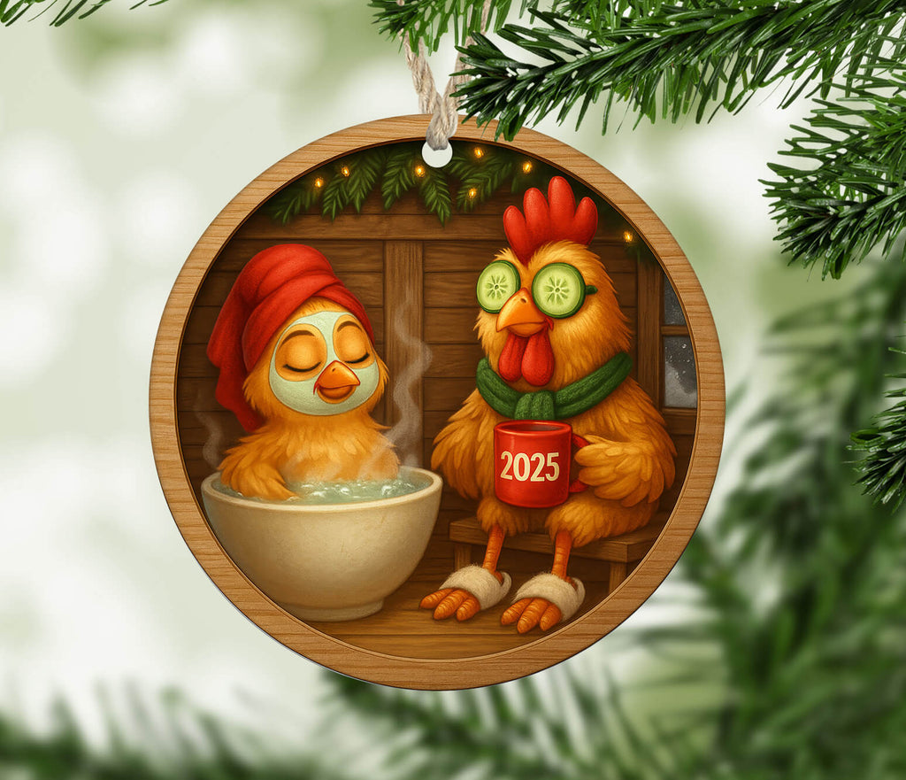 Christmas ornament with cartoon chicken and duck characters in a cozy setting.