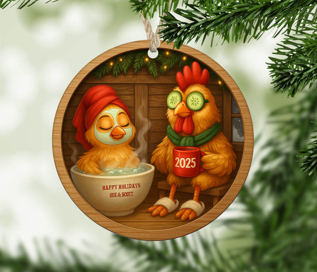Christmas ornament with cartoon characters and 'Happy Holidays' text, surrounded by greenery.
