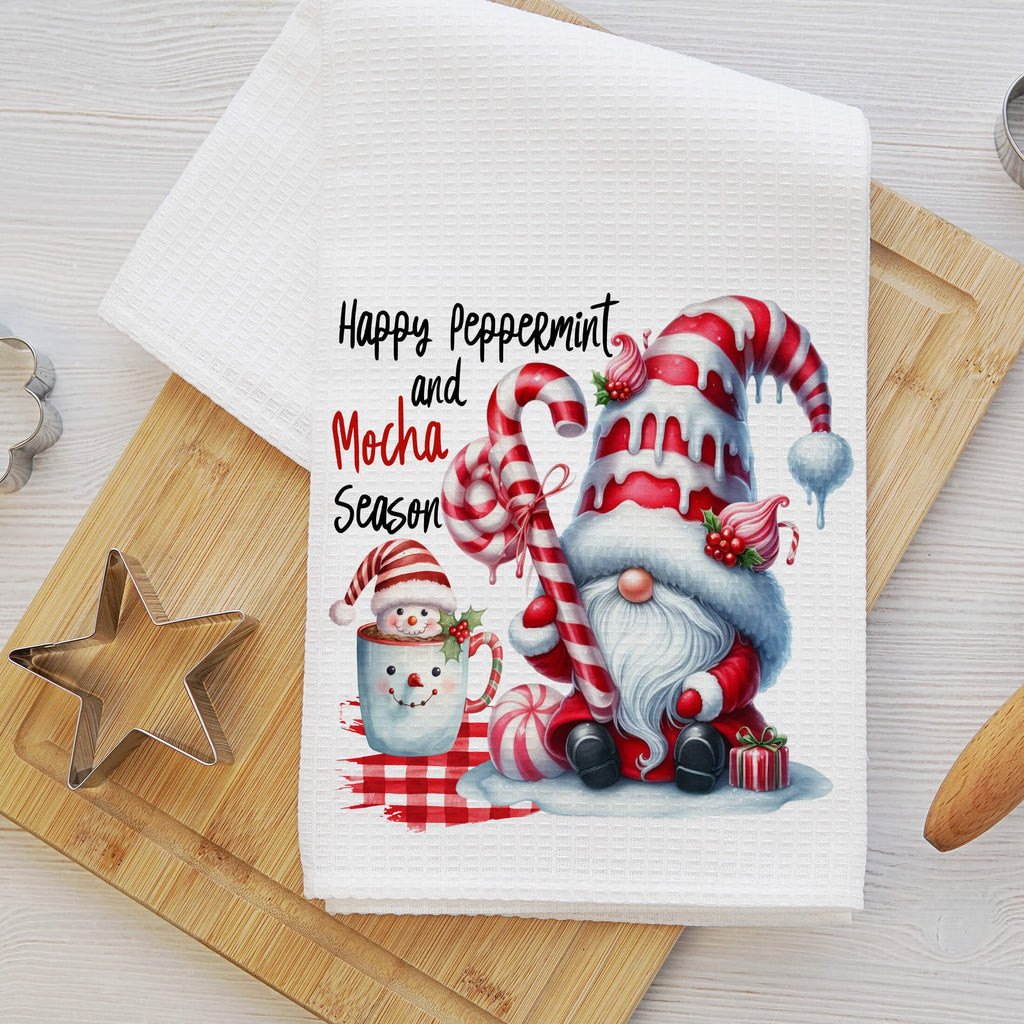 Christmas Gnome Kitchen Towel - Cute Gnome Holiday Dishcloth - Peppermint Dish Towel