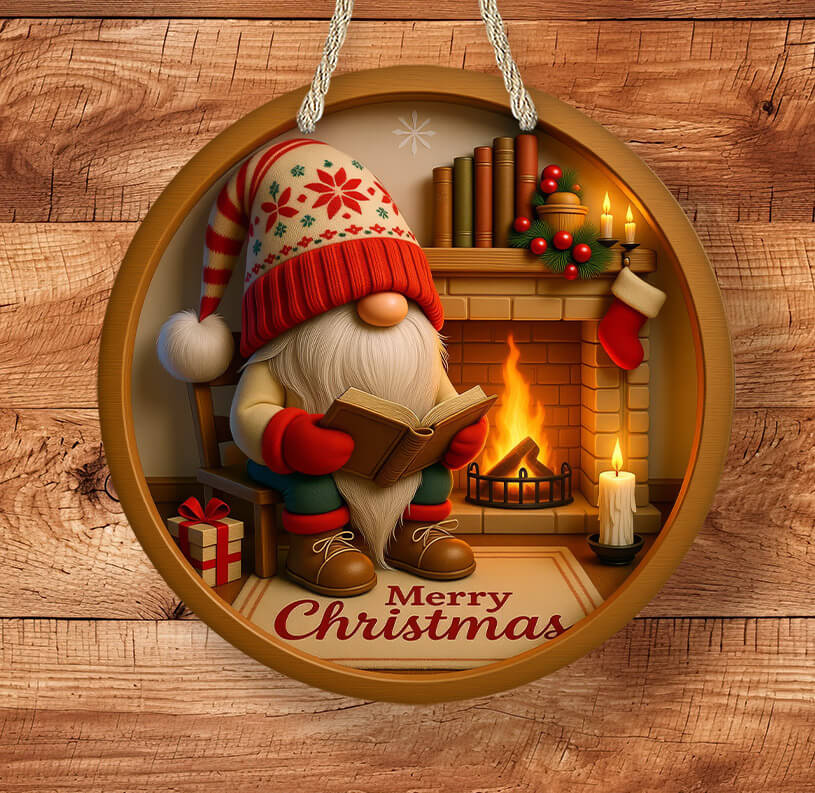 Christmas gnome reading a book by a fireplace with 'Merry Christmas' text on a wooden background.