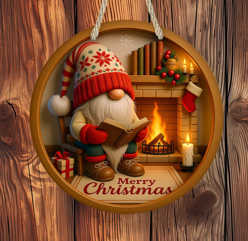 Decorative Christmas ornament with a gnome reading by a fireplace, surrounded by festive elements.