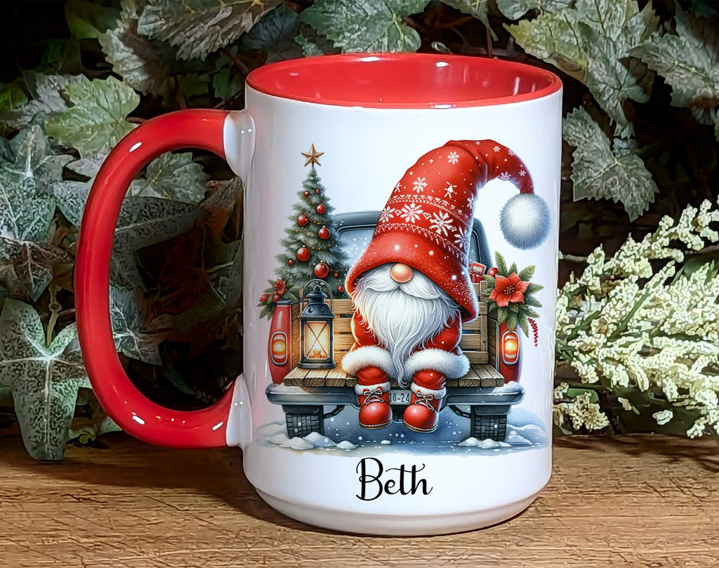 Personalized Christmas Gnome Mug with Name | Holiday Red Truck Mug