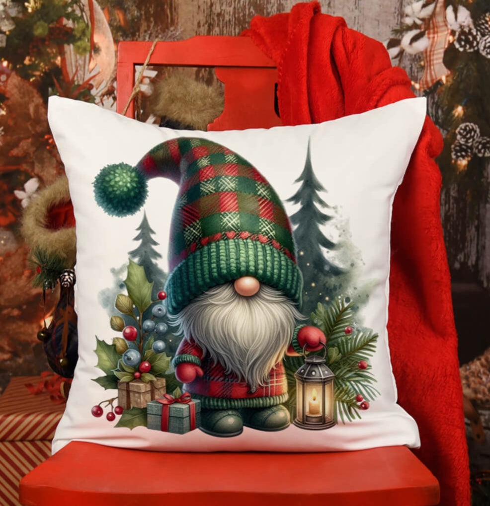 Decorative pillow with a Christmas gnome design on a red chair in a festive setting.