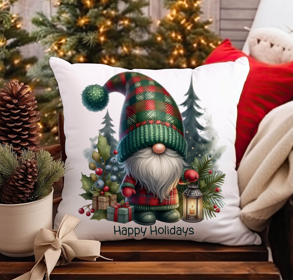 Decorative pillow with a Christmas gnome design and 'Happy Holidays' text, surrounded by festive decor.