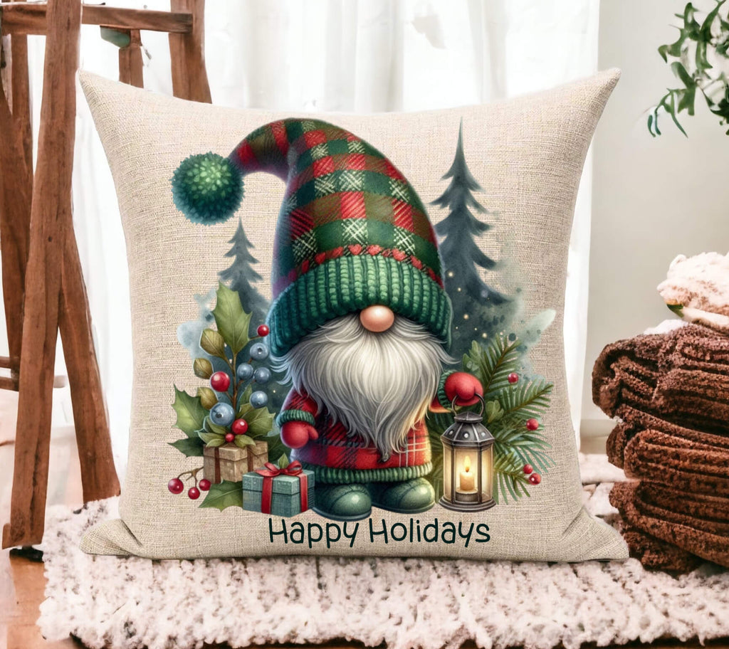 Decorative pillow with a Christmas gnome design and 'Happy Holidays' text on a wooden floor.