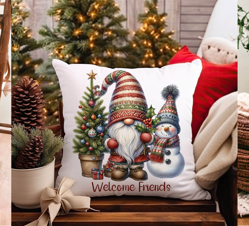 Decorative pillow with Christmas-themed design featuring a gnome and snowman, surrounded by festive decorations.