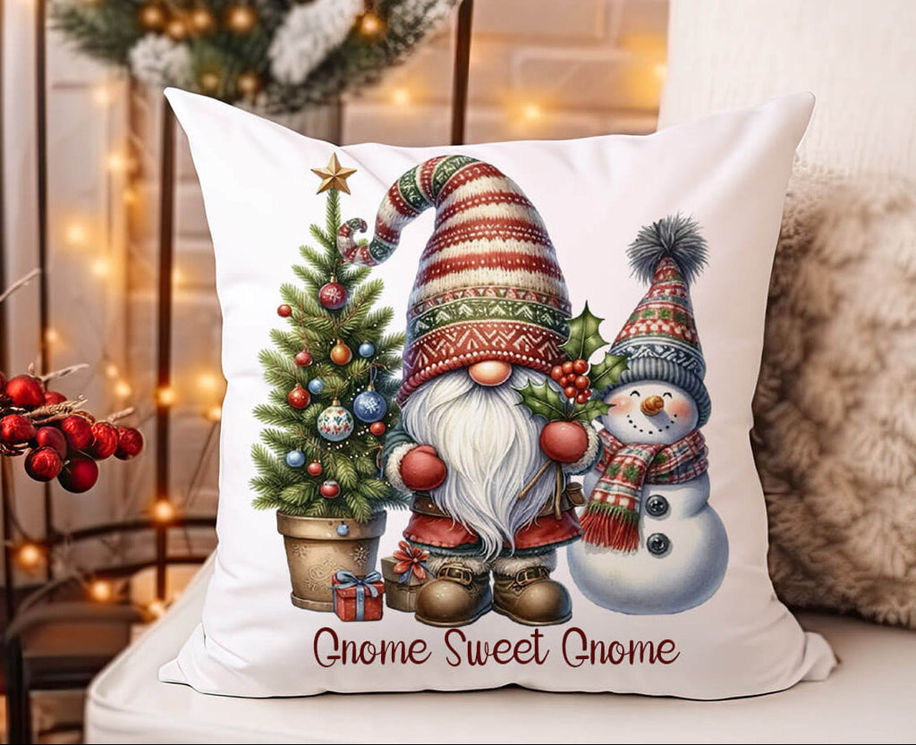 Decorative pillow with a gnome and snowman design in a festive setting.