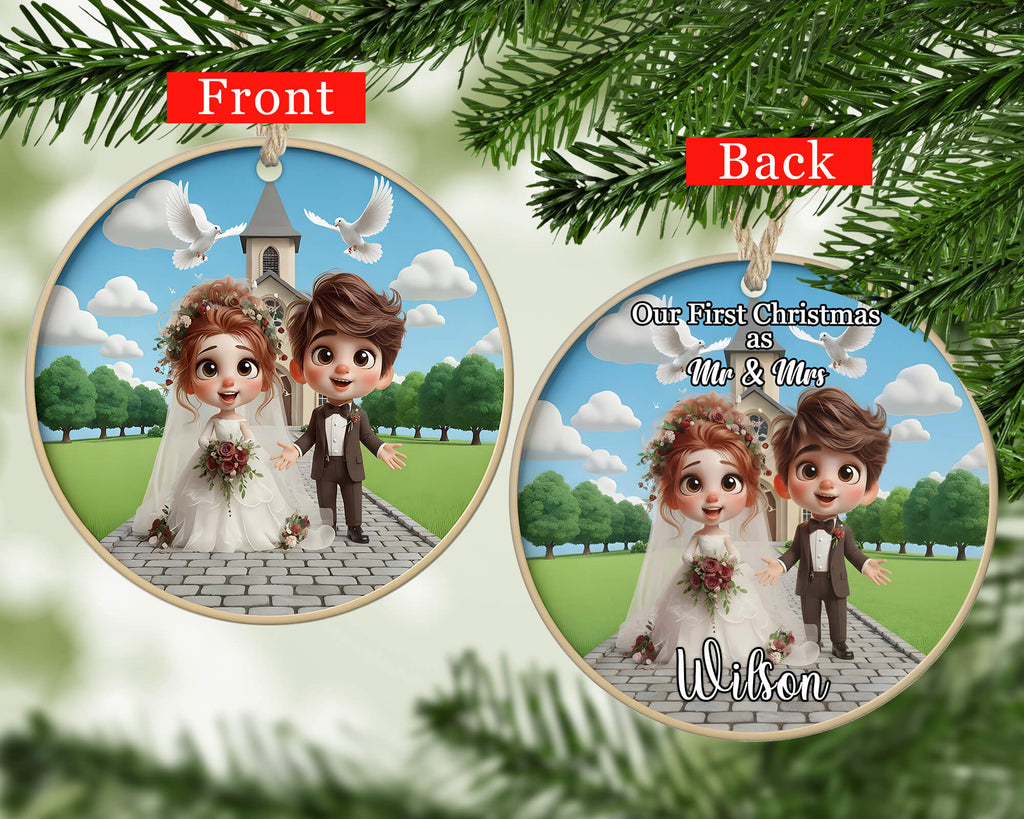 Two views of a wedding-themed Christmas ornament with cartoon bride and groom, church, and doves.