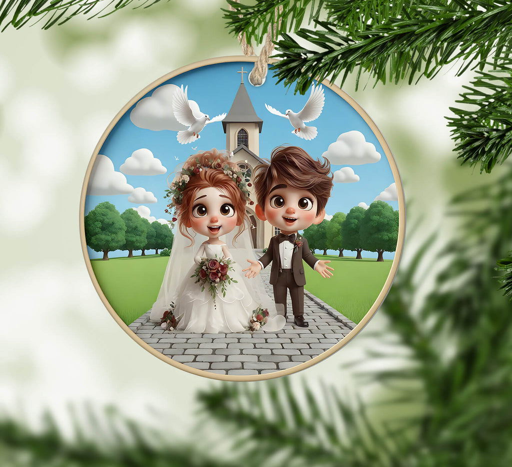 Circular ornament with cartoon bride and groom in front of a church, surrounded by greenery.