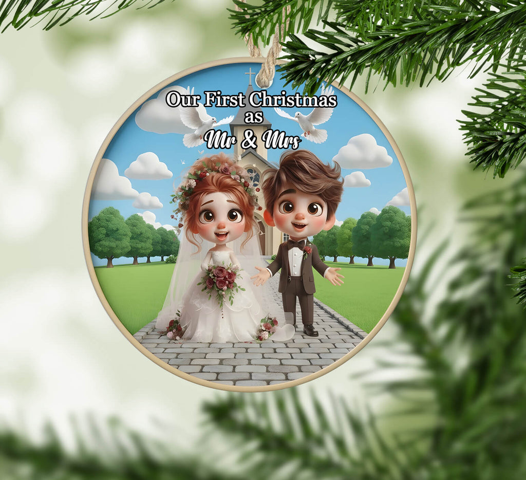 Circular ornament with cartoon bride and groom on a path, surrounded by Christmas tree branches.