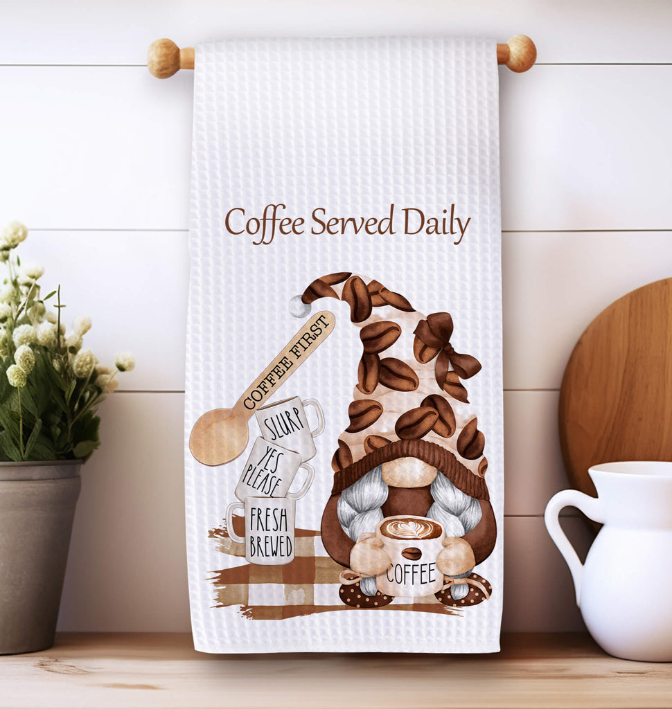 Rustic coffee gnome kitchen towels featuring charming coffee-themed designs, perfect for farmhouse kitchen decor, barista dish towels, and coffee lover gifts. Soft, absorbent, and stylish kitchen towel set for home café or coffee bar decor - Personalized Kreation