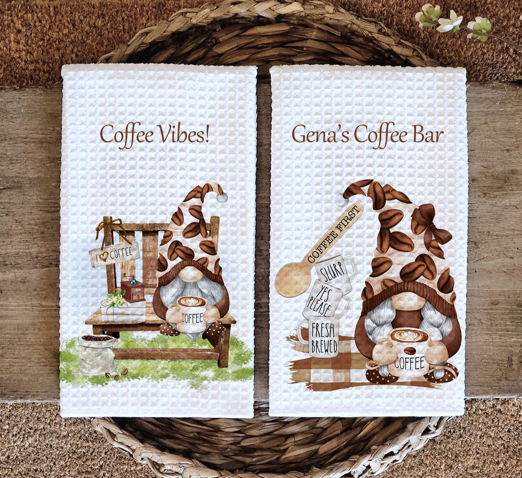 Rustic coffee gnome kitchen towels featuring charming coffee-themed designs, perfect for farmhouse kitchen decor, barista dish towels, and coffee lover gifts. Soft, absorbent, and stylish kitchen towel set for home café or coffee bar decor - Personalized Kreation