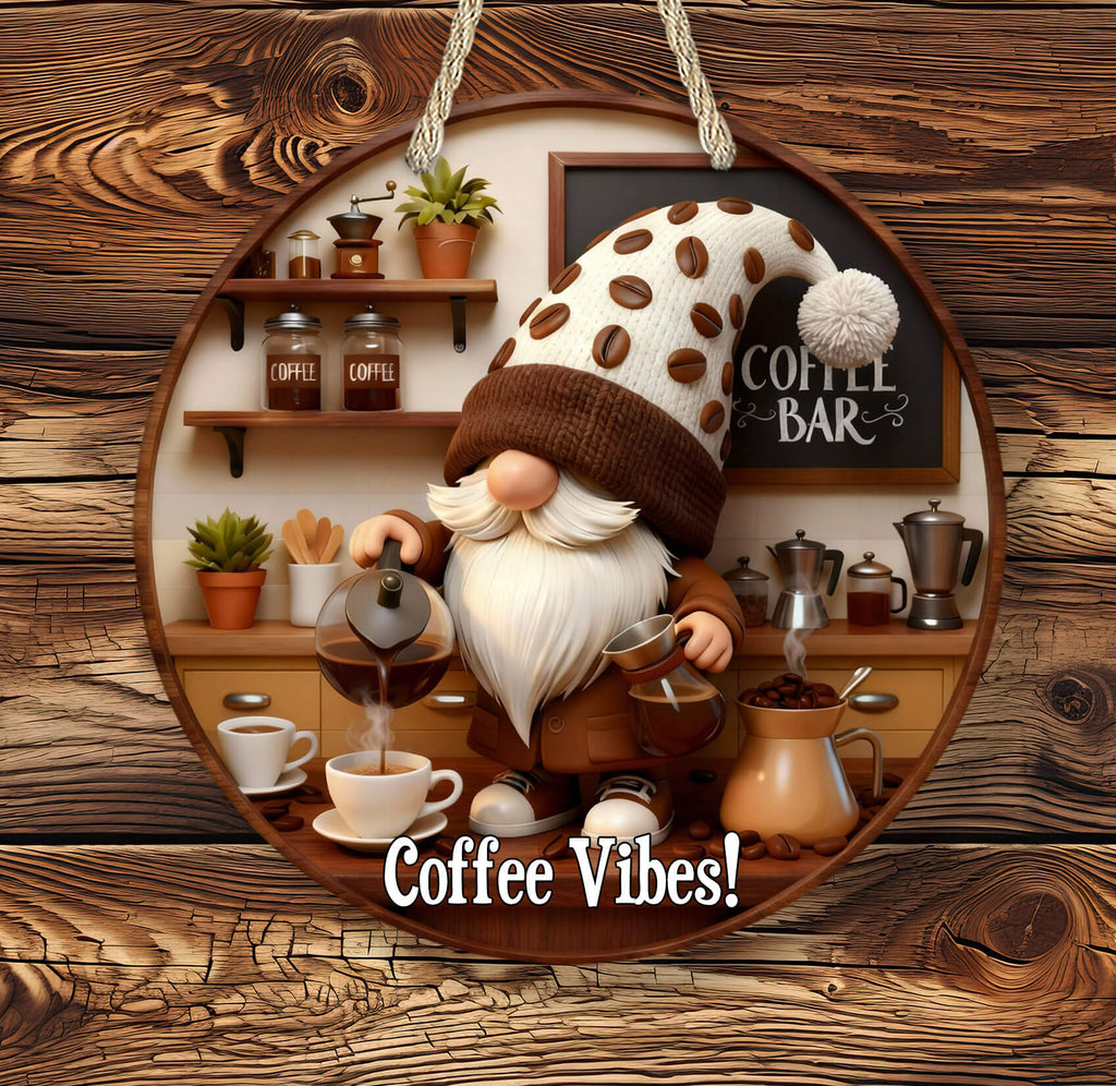 Decorative sign with a gnome pouring coffee, set against a wooden background with coffee-themed elements.