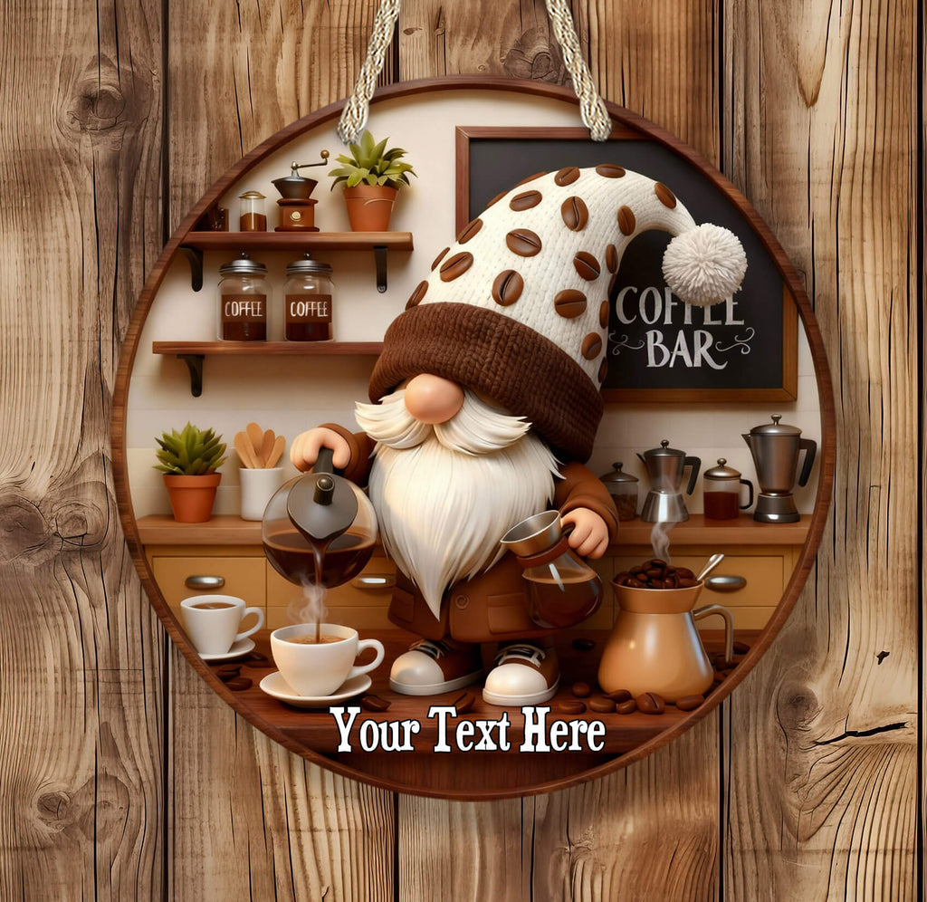 Decorative sign with a gnome making coffee in a coffee-themed setting
