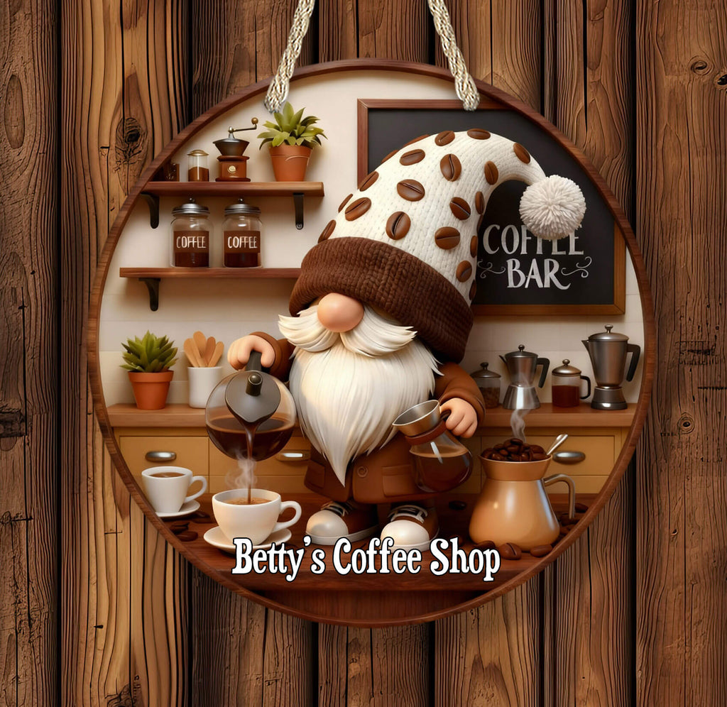 Gnome character in a coffee shop setting with 'Betty's Coffee Shop' branding.