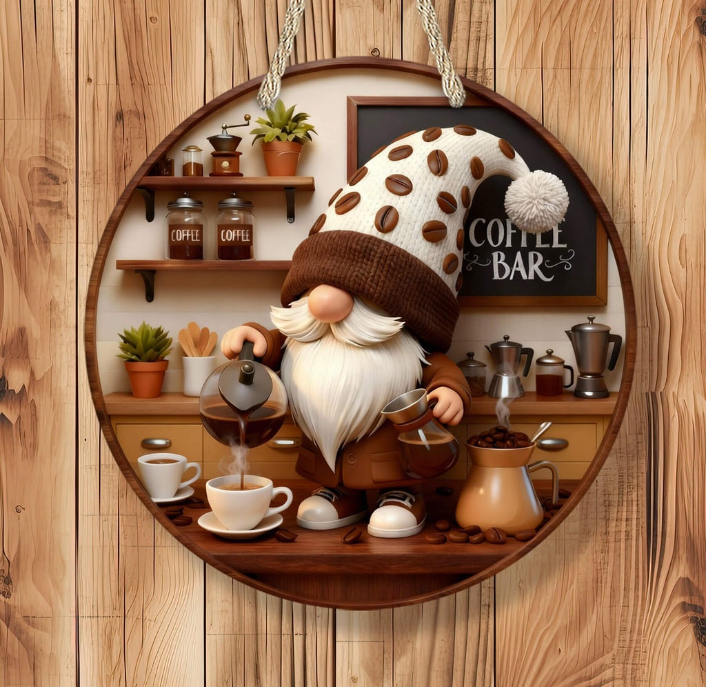 Gnome character making coffee in a cozy coffee shop setting with shelves and decor.