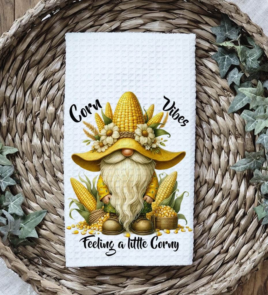 Rustic farmhouse kitchen towel featuring a whimsical corn gnome with harvest-themed decor, perfect for fall and Thanksgiving kitchen accents. Soft, absorbent, and machine washable, ideal for farmhouse kitchens and autumn decor lovers - Personalized Kreation