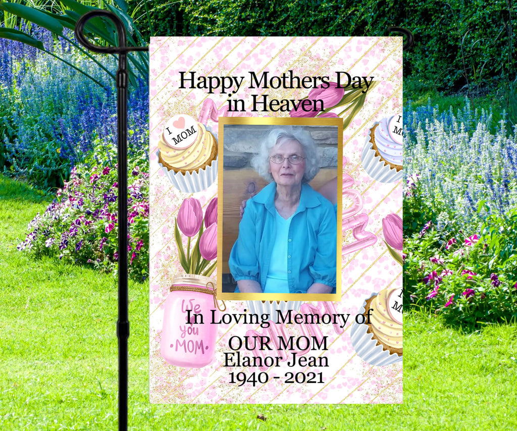 Personalized Mother's Day memorial garden flag featuring a cherished photo, floral design, and heartfelt tribute. Perfect outdoor remembrance decoration to honor and celebrate a beloved mom - Personalized Kreation