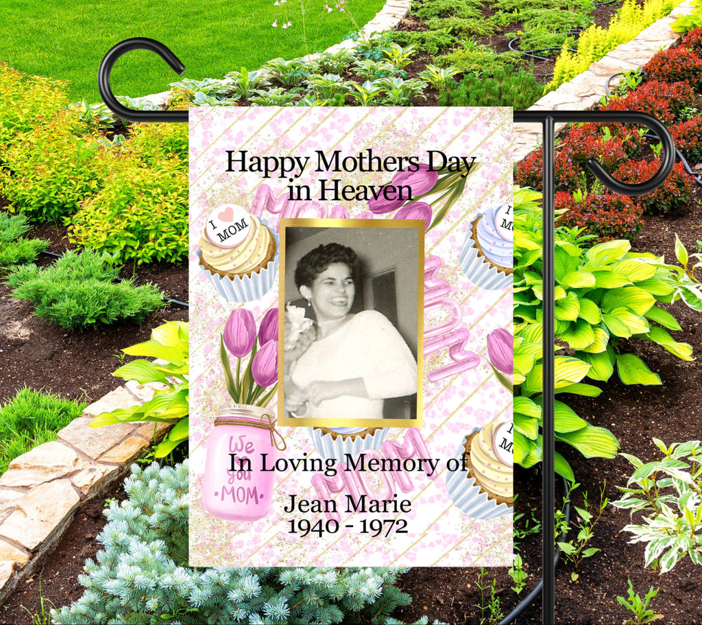 Personalized Mother's Day memorial garden flag featuring a cherished photo, floral design, and heartfelt tribute. Perfect outdoor remembrance decoration to honor and celebrate a beloved mom - Personalized Kreation