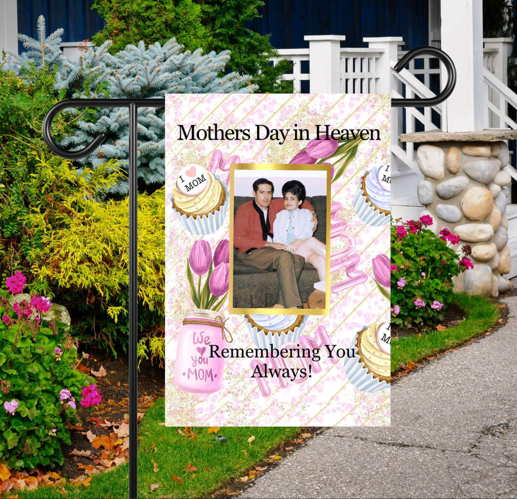 Personalized Mother's Day memorial garden flag featuring a cherished photo, floral design, and heartfelt tribute. Perfect outdoor remembrance decoration to honor and celebrate a beloved mom - Personalized Kreation