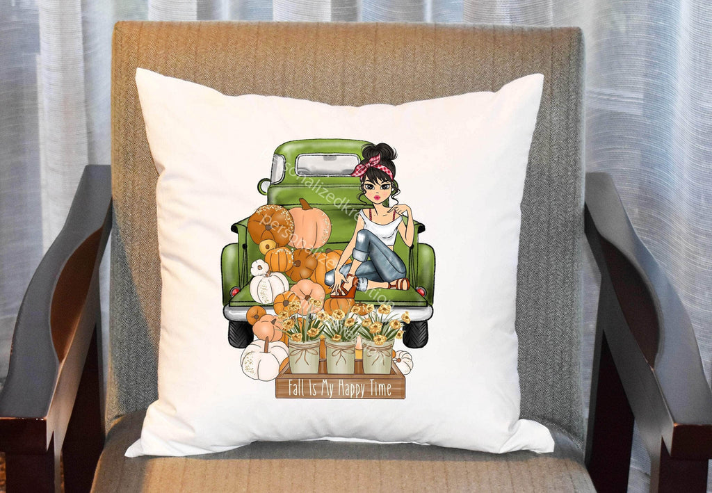 personalizedkreation-7068 Pillow Cover Brunette Girl Custom Fall Pillow Cover | Customize Vintage Truck Pillow | Autumn Pumpkin Pillow