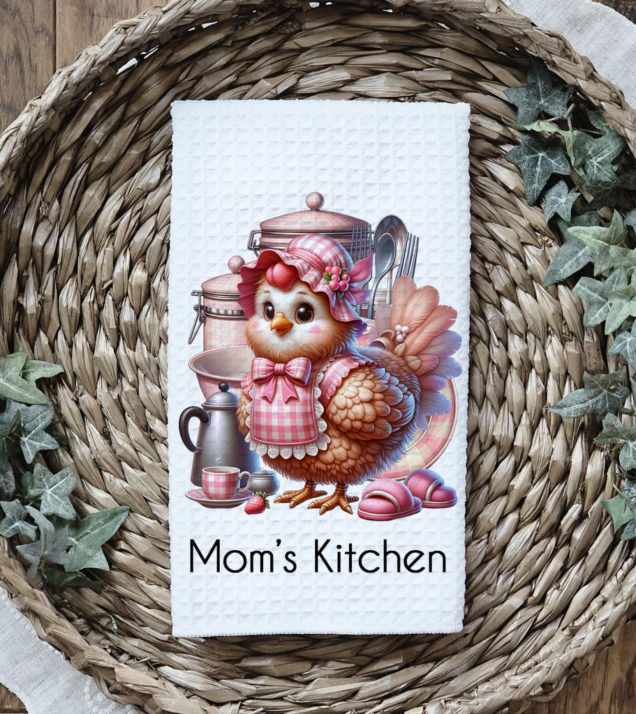 cute farmhouse-style kitchen towel featuring an adorable chicken in a vintage pink bonnet, surrounded by kitchen canisters and utensils. perfect for country kitchens, rustic decor, and farmhouse enthusiasts. made of high-quality waffle weave microfiber for superior absorbency and durability - Personalized Kreation