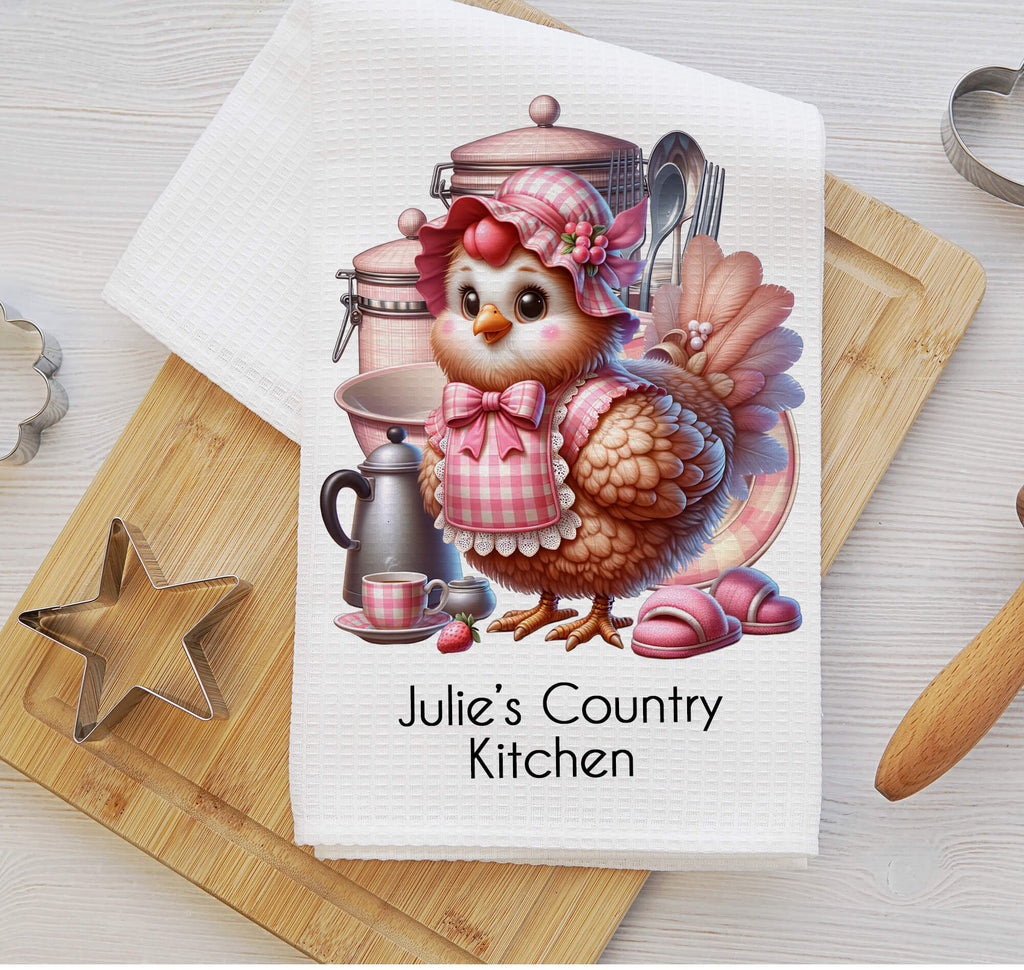 cute farmhouse-style kitchen towel featuring an adorable chicken in a vintage pink bonnet, surrounded by kitchen canisters and utensils. perfect for country kitchens, rustic decor, and farmhouse enthusiasts. made of high-quality waffle weave microfiber for superior absorbency and durability - Personalized Kreation