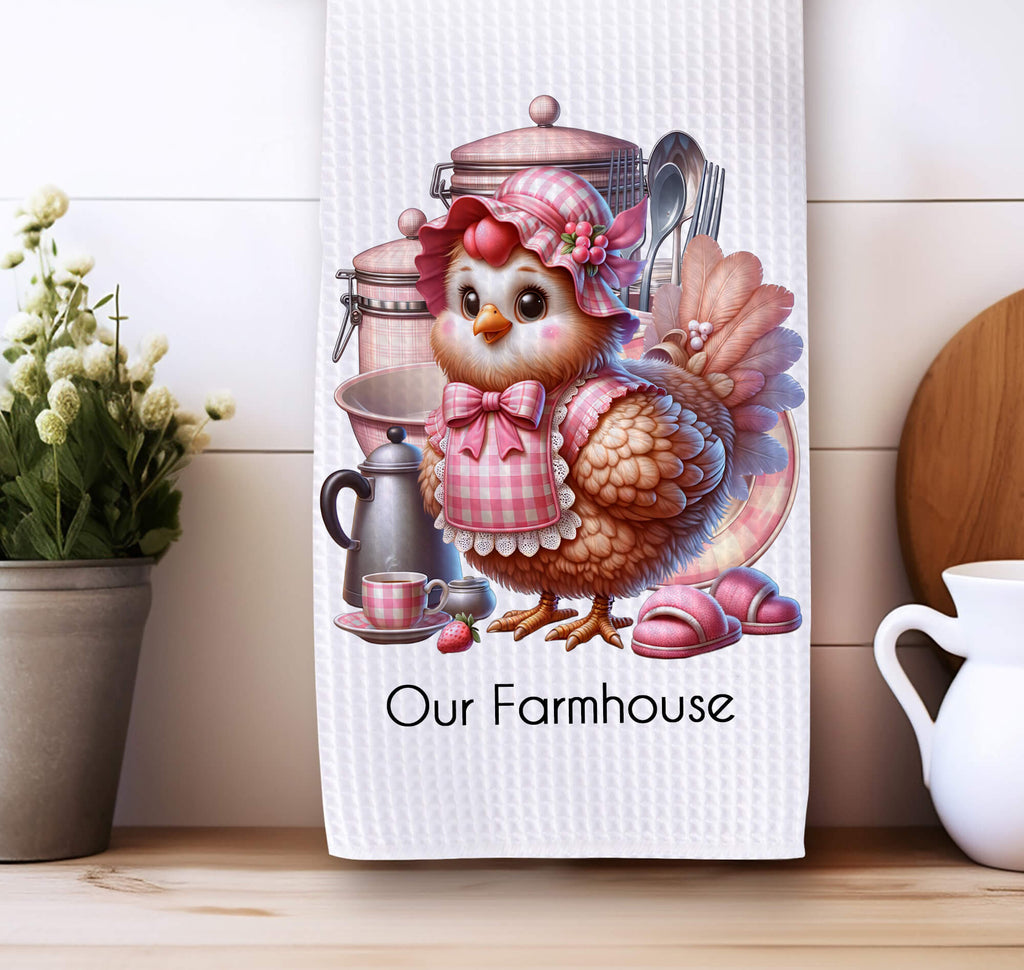 cute farmhouse-style kitchen towel featuring an adorable chicken in a vintage pink bonnet, surrounded by kitchen canisters and utensils. perfect for country kitchens, rustic decor, and farmhouse enthusiasts. made of high-quality waffle weave microfiber for superior absorbency and durability - Personalized Kreation