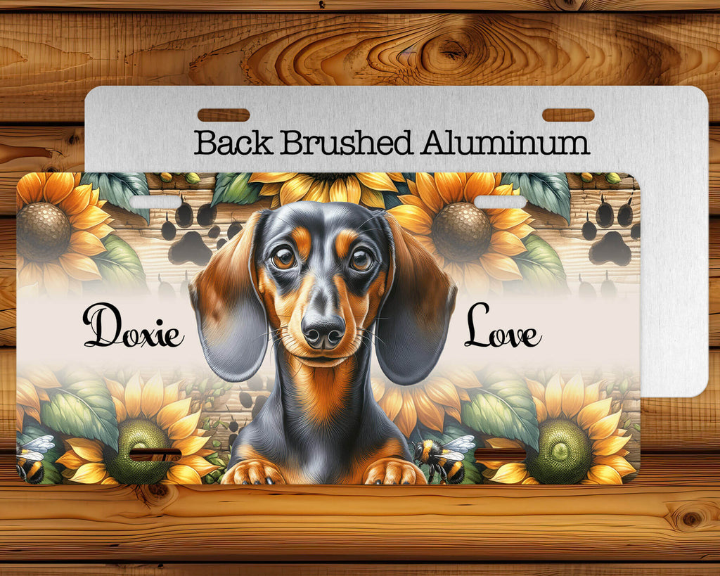 Custom Dachshund license plate with sunflower background featuring a cute sausage dog Personalized dog lover car tag perfect for pet owners and dog moms Weather resistant aluminum plate with a beautiful rustic floral design - Personalized Kreation
