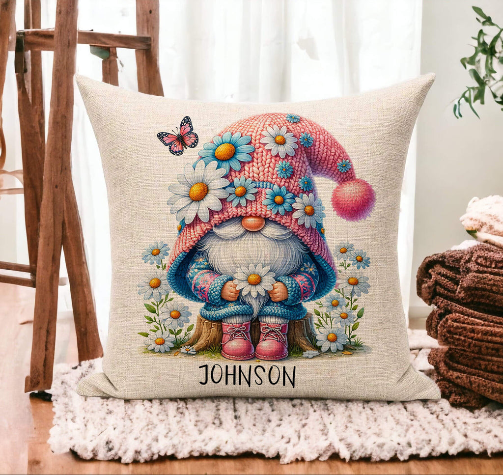 Personalized spring gnome pillow featuring a cute Easter gnome with daisy flowers, a pink hat, and a cozy boho farmhouse design. Perfect for spring home decor, Easter gifts, and cottagecore lovers. Soft, decorative throw pillow for living room, bedroom, or patio.