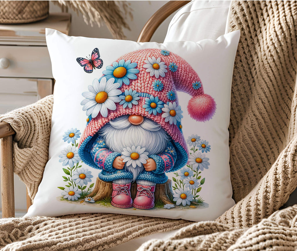 Personalized spring gnome pillow featuring a cute Easter gnome with daisy flowers, a pink hat, and a cozy boho farmhouse design. Perfect for spring home decor, Easter gifts, and cottagecore lovers. Soft, decorative throw pillow for living room, bedroom, or patio.