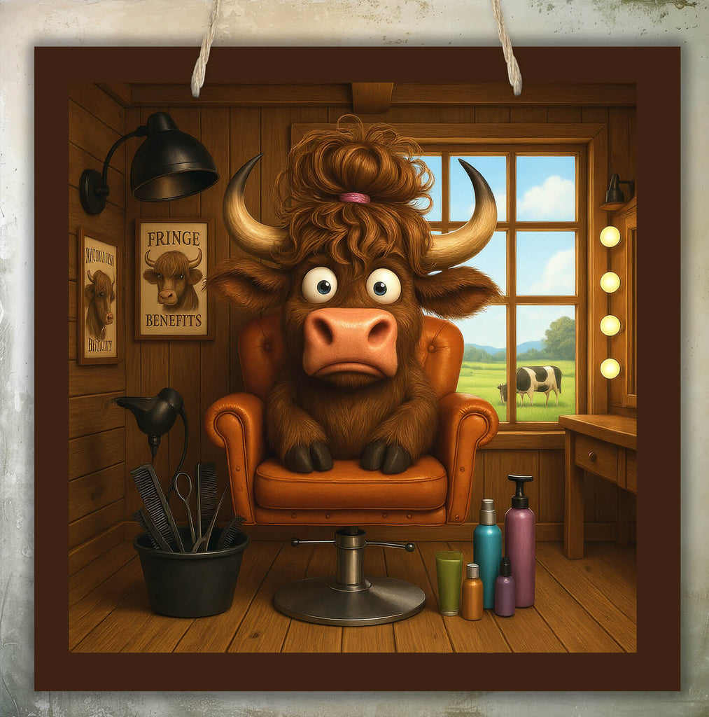 Cartoon bull sitting in a barber chair in a barbershop with a window view of a field and cow.