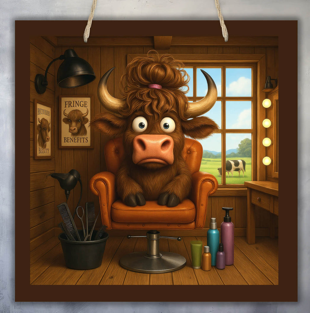 Cartoon bull sitting in a barber shop with a window view of a field and cow.