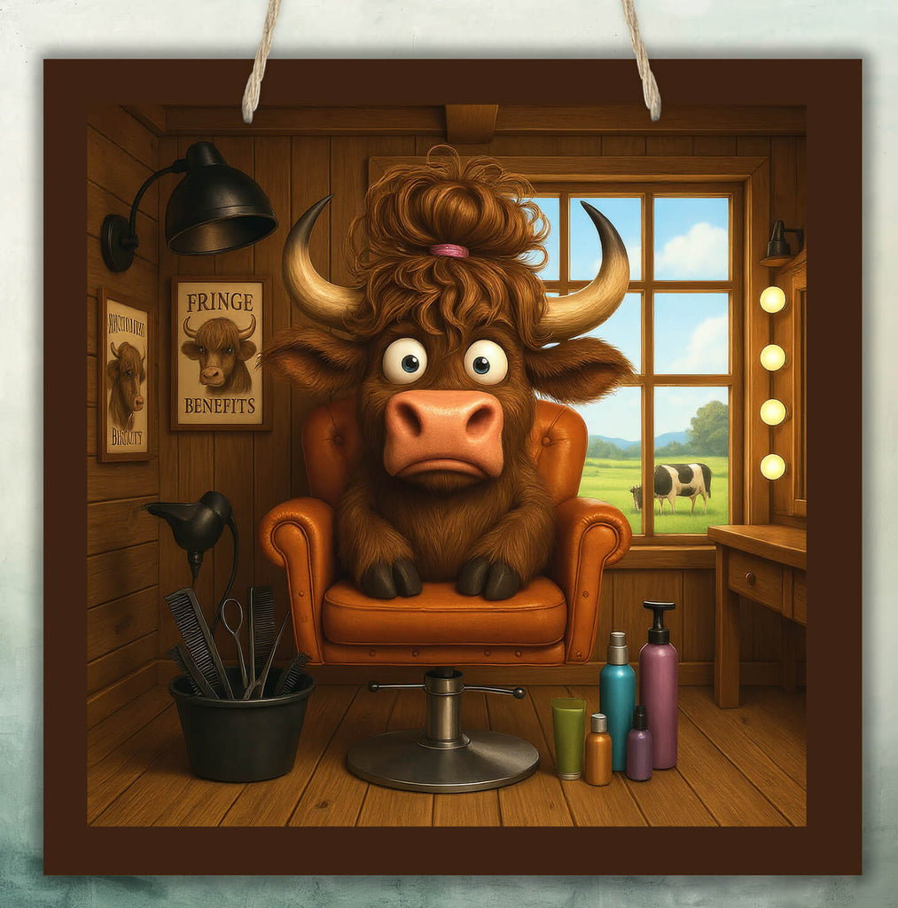 Cartoon bull sitting in a barber chair with a window view of a field and cow.