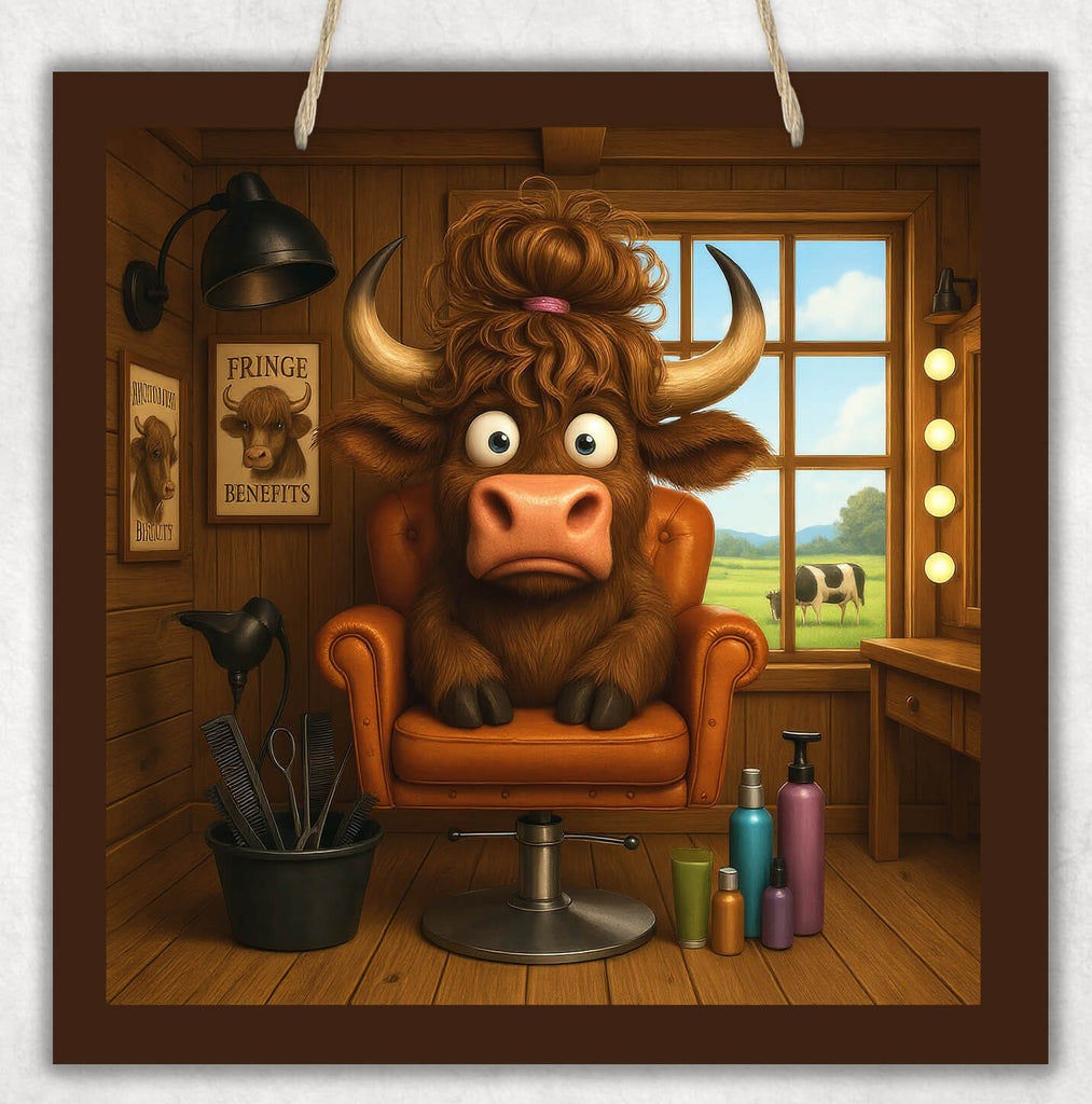 Cartoon bull sitting in a barber chair in a room with a window view of a field and cow.