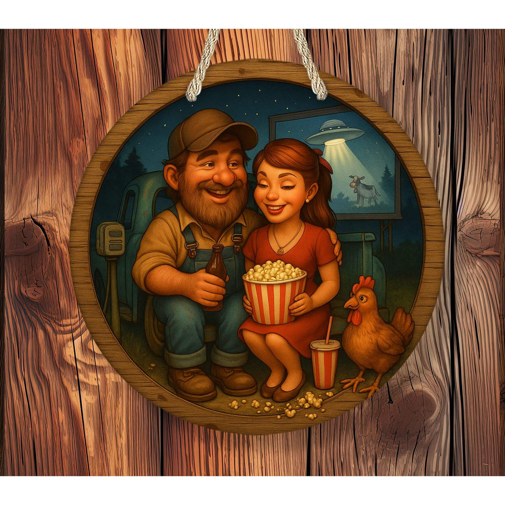 A round wood sign showing a country couple at a drive-in movie, sharing popcorn with a chicken and UFO scene in the background, rustic vintage art style - Personalized Kreation