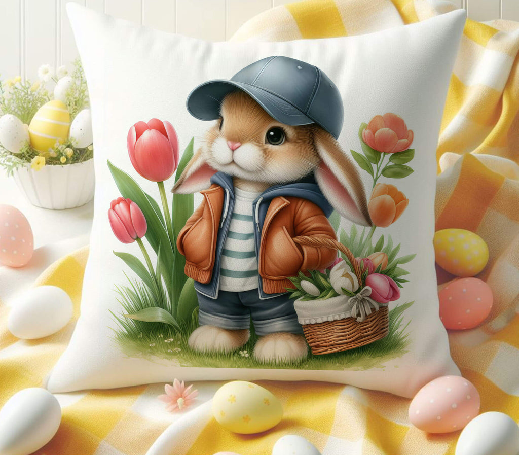 Charming Easter Bunny Pillow featuring a boy bunny in a baseball cap and leather jacket holding a woven basket filled with spring tulips The soft pastel colors and detailed vintage design make this pillow a perfect farmhouse-style spring and Easter home accent Available in beige linen or white canvas with a hidden zipper - Personalized Kreation