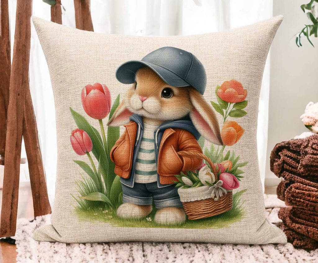 Charming Easter Bunny Pillow featuring a boy bunny in a baseball cap and leather jacket holding a woven basket filled with spring tulips The soft pastel colors and detailed vintage design make this pillow a perfect farmhouse-style spring and Easter home accent Available in beige linen or white canvas with a hidden zipper - Personalized Kreation