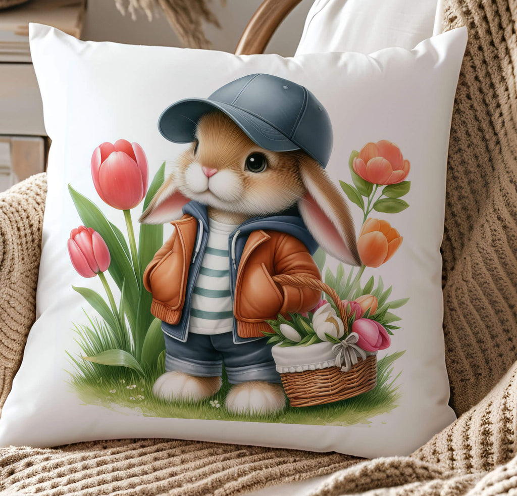 Charming Easter Bunny Pillow featuring a boy bunny in a baseball cap and leather jacket holding a woven basket filled with spring tulips The soft pastel colors and detailed vintage design make this pillow a perfect farmhouse-style spring and Easter home accent Available in beige linen or white canvas with a hidden zipper - Personalized Kreation