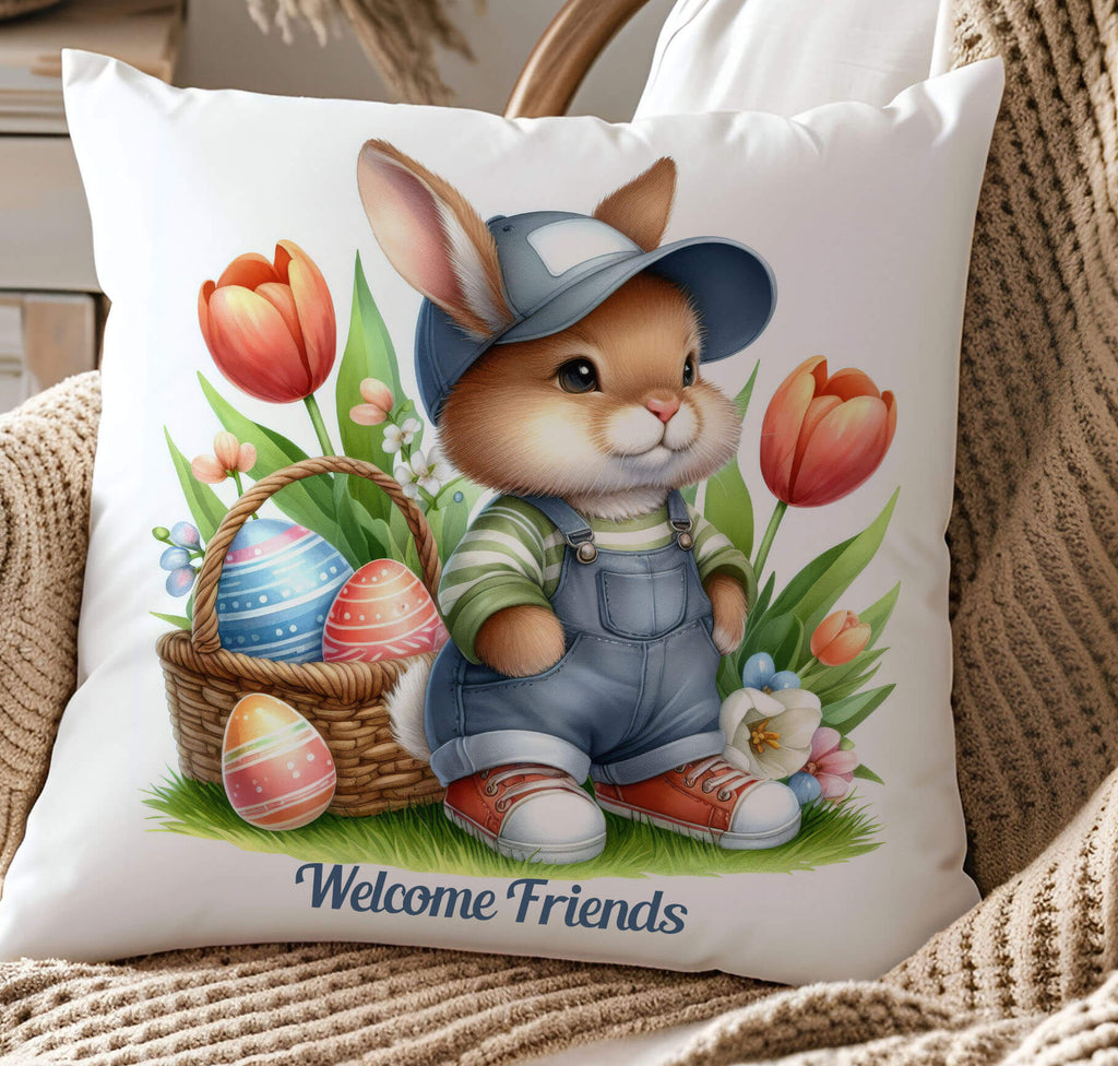 A charming Easter Bunny Pillow featuring a cute bunny wearing overalls and a cap, sitting among vibrant tulips with a woven Easter basket filled with decorated eggs. The soft pillow is placed outdoors on a cozy blanket, surrounded by pastel-colored eggs and fresh spring flowers, creating a warm and inviting springtime ambiance. Perfect for Easter home decor, farmhouse accents, or a delightful gift for bunny lovers - Personalized Kreation