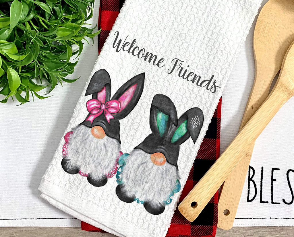 Personalized Easter Gnome Towel - Bunny Kitchen Towel for Happy Easter Decor - Farmhouse Spring Tea Towel - Custom Hostess Gift - Personalized Kreation