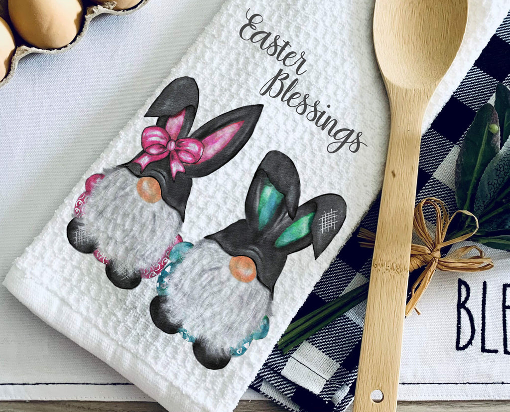 Personalized Easter Gnome Towel - Bunny Kitchen Towel for Happy Easter Decor - Farmhouse Spring Tea Towel - Custom Hostess Gift - Personalized Kreation 