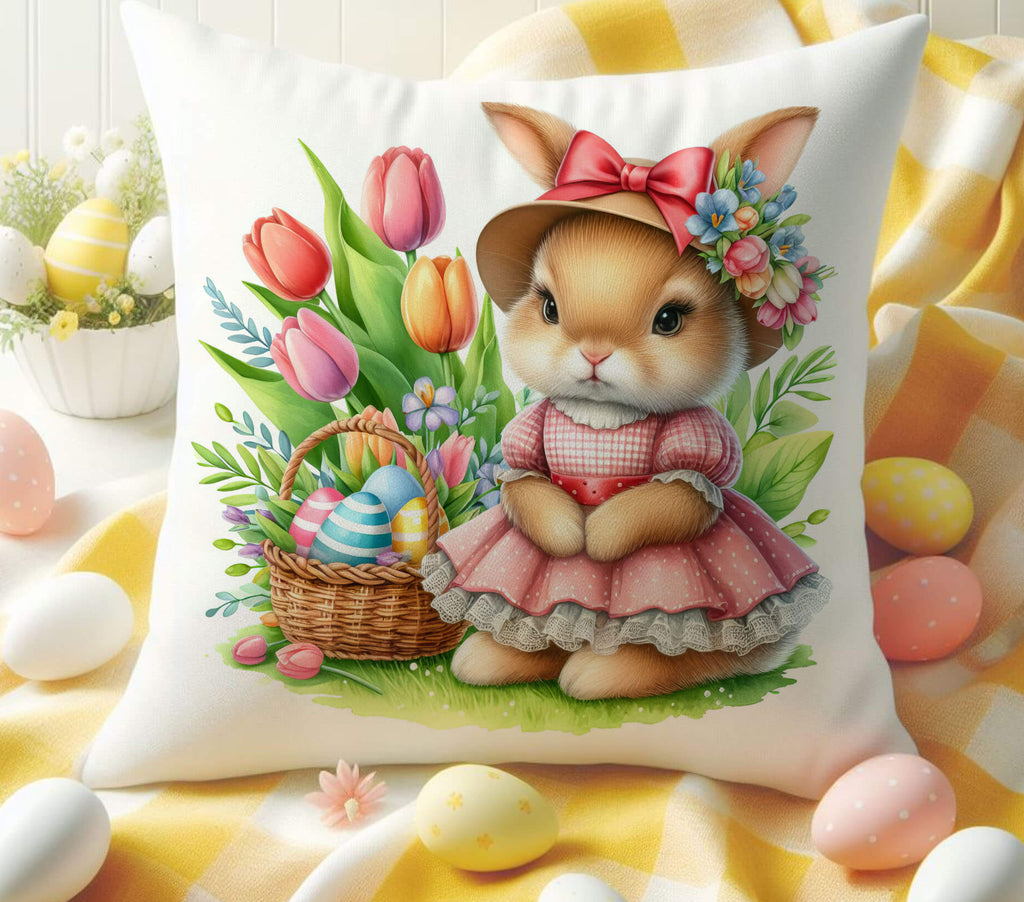 Easter Bunny Pillow featuring a vintage-style bunny in a pink dress and floral hat, sitting beside a pastel Easter basket filled with striped eggs and surrounded by colorful tulips. The design is printed on 18x18 inch beige linen or white canvas, making it a perfect springtime home accent for Easter decor, farmhouse living rooms, and seasonal celebrations - Personalized Kreation