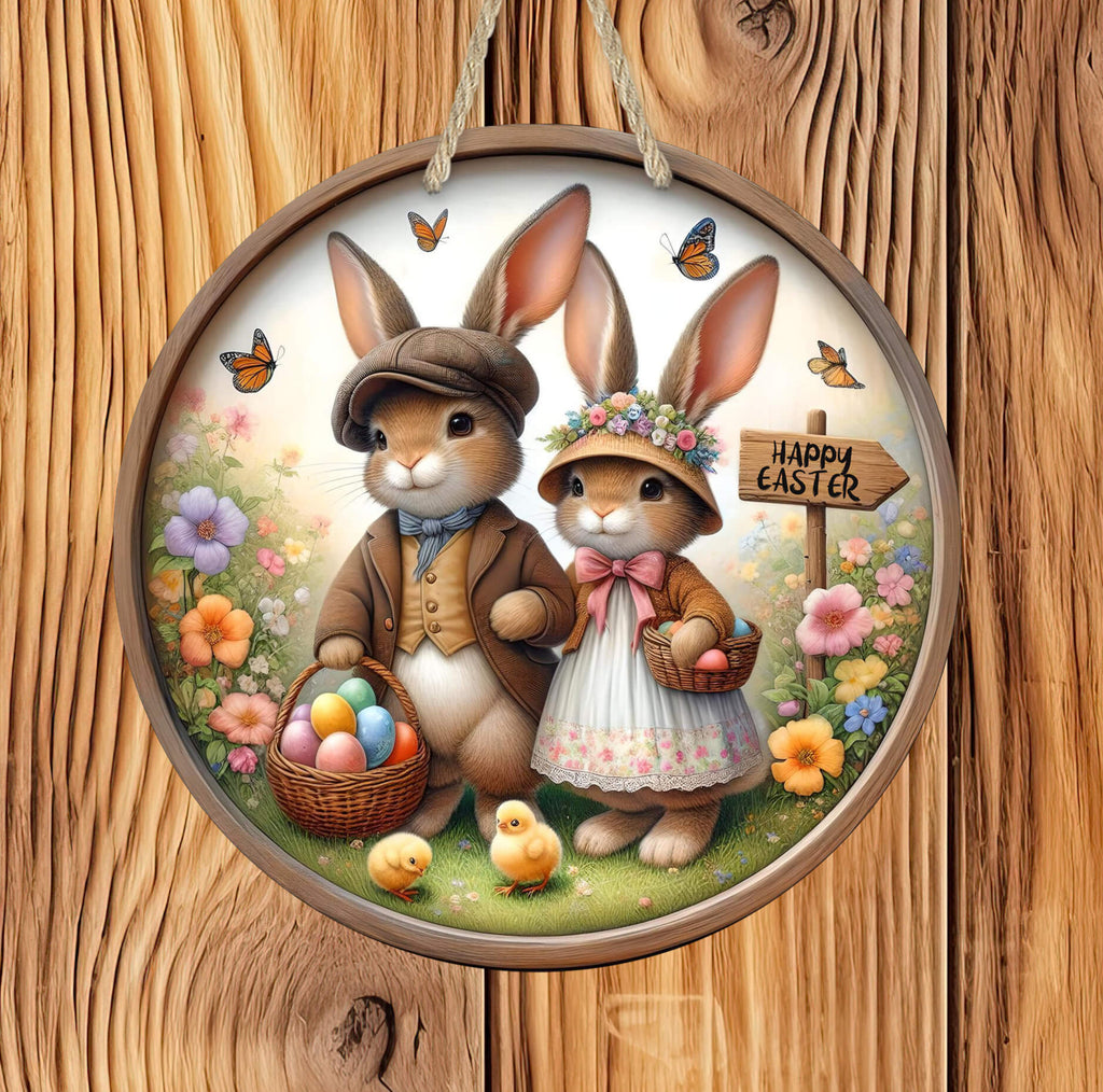 Vintage Easter Bunny Couple Hanging Sign – Rustic farmhouse spring decor featuring an adorable bunny couple with Easter eggs, florals, and a "Happy Easter" sign on a 12" round hardboard sign, perfect for door hangers and wall art - Personalized Kreation