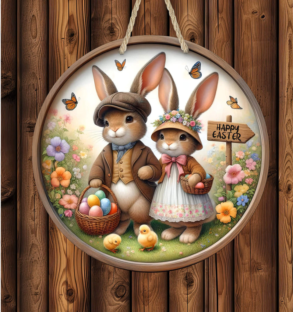 Vintage Easter Bunny Couple Hanging Sign – Rustic farmhouse spring decor featuring an adorable bunny couple with Easter eggs florals and a Happy Easter sign on a 14" round hardboard sign, perfect for door hangers and wall art - Personalized Kreation