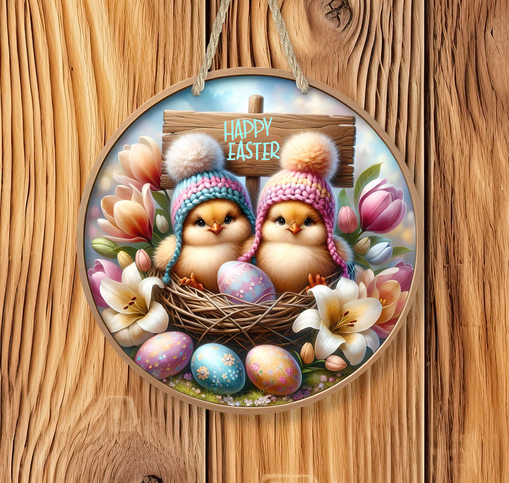 Rustic Easter chick sign featuring adorable baby chicks in a nest with colorful Easter eggs and spring flowers. Round wooden hanging plaque, perfect for farmhouse Easter decor, front door, or wall display - Personalized Kreation