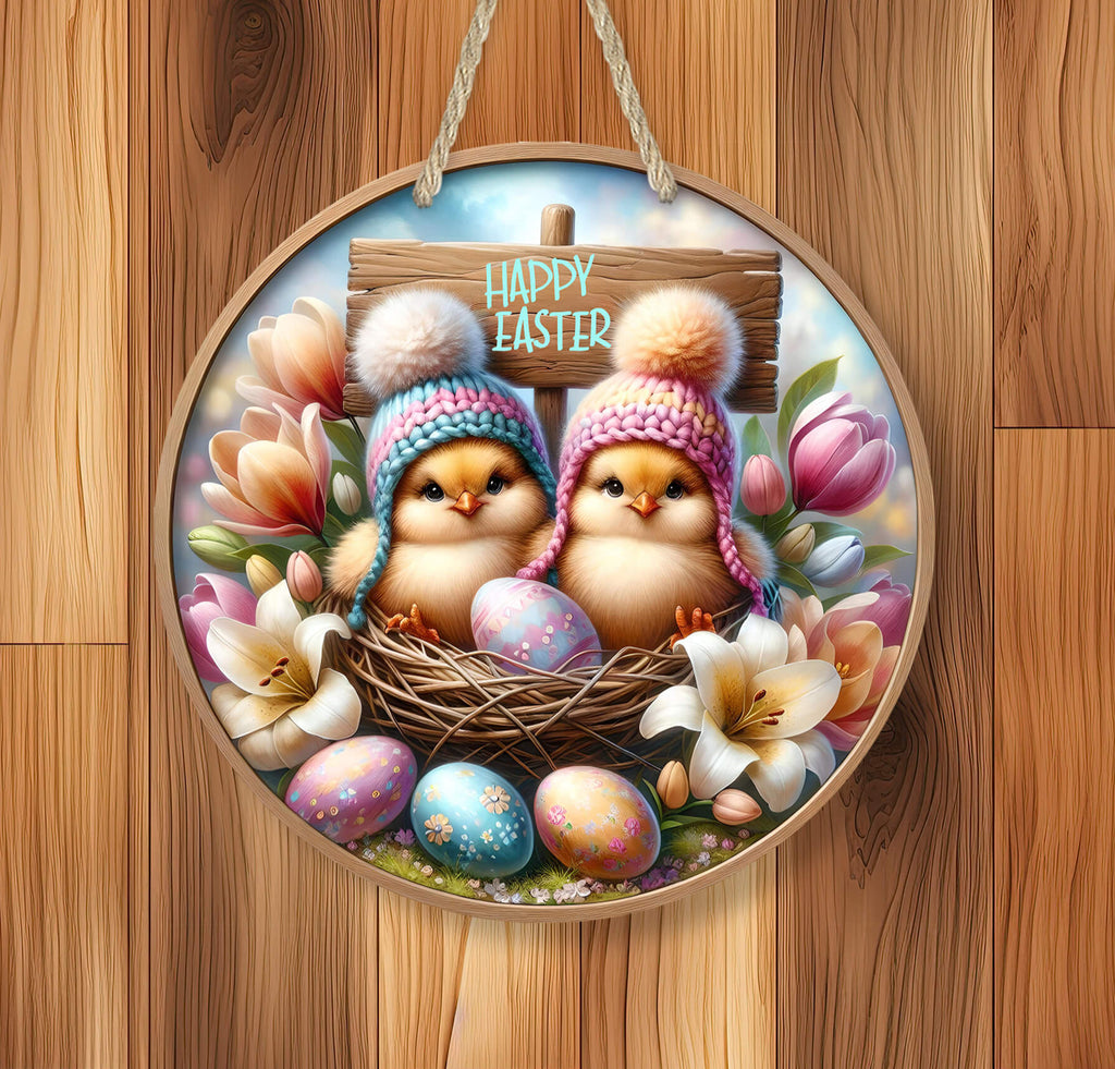 Rustic Easter chick sign featuring adorable baby chicks in a nest with colorful Easter eggs and spring flowers. Round wooden hanging plaque, perfect for farmhouse Easter decor, front door, or wall display - Personalized Kreation