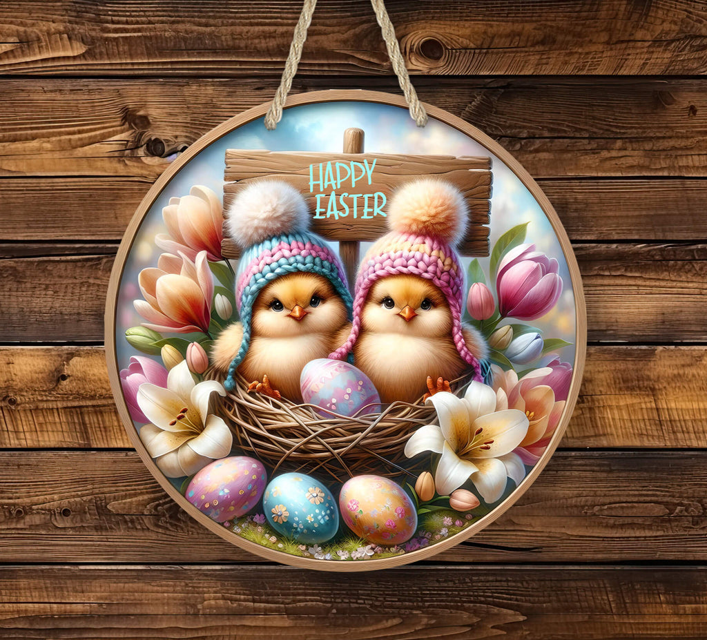 Rustic Easter chick sign featuring adorable baby chicks in a nest with colorful Easter eggs and spring flowers. Round wooden hanging plaque, perfect for farmhouse Easter decor, front door, or wall display - Personalized Kreation